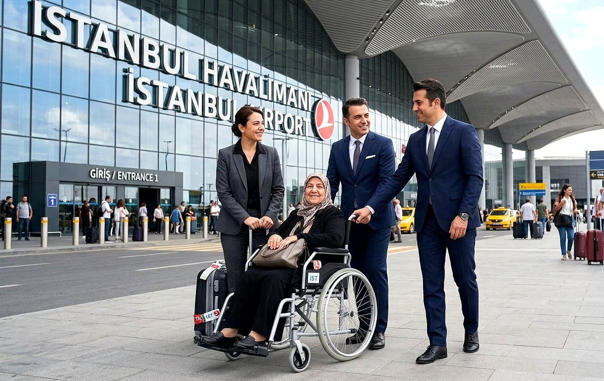A traveller in a wheelchair with her family and two WheelchairPort staff outside Istanbul Airport